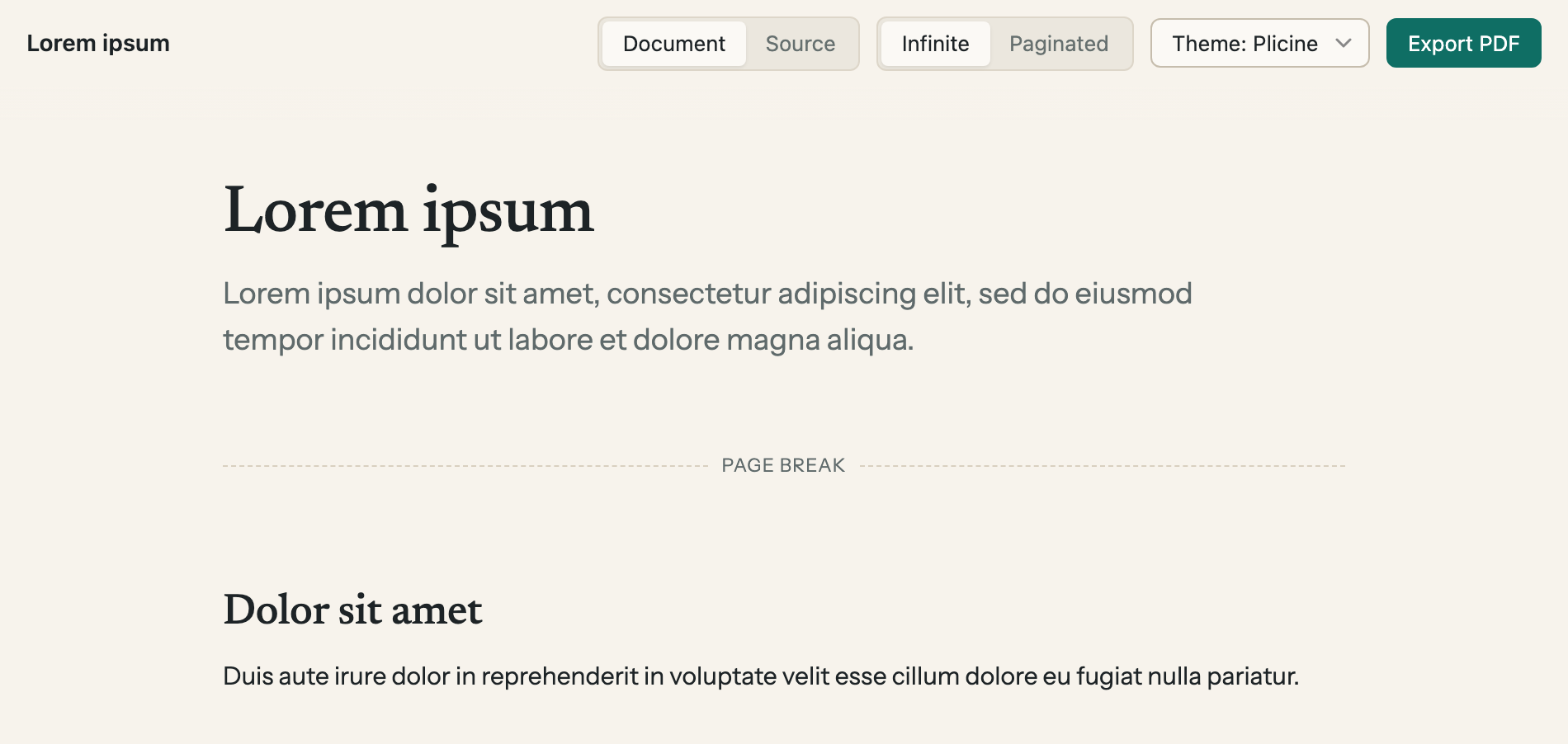 A document in the infinite layout with a dotted line labelled Page break between a paragraph and the next heading