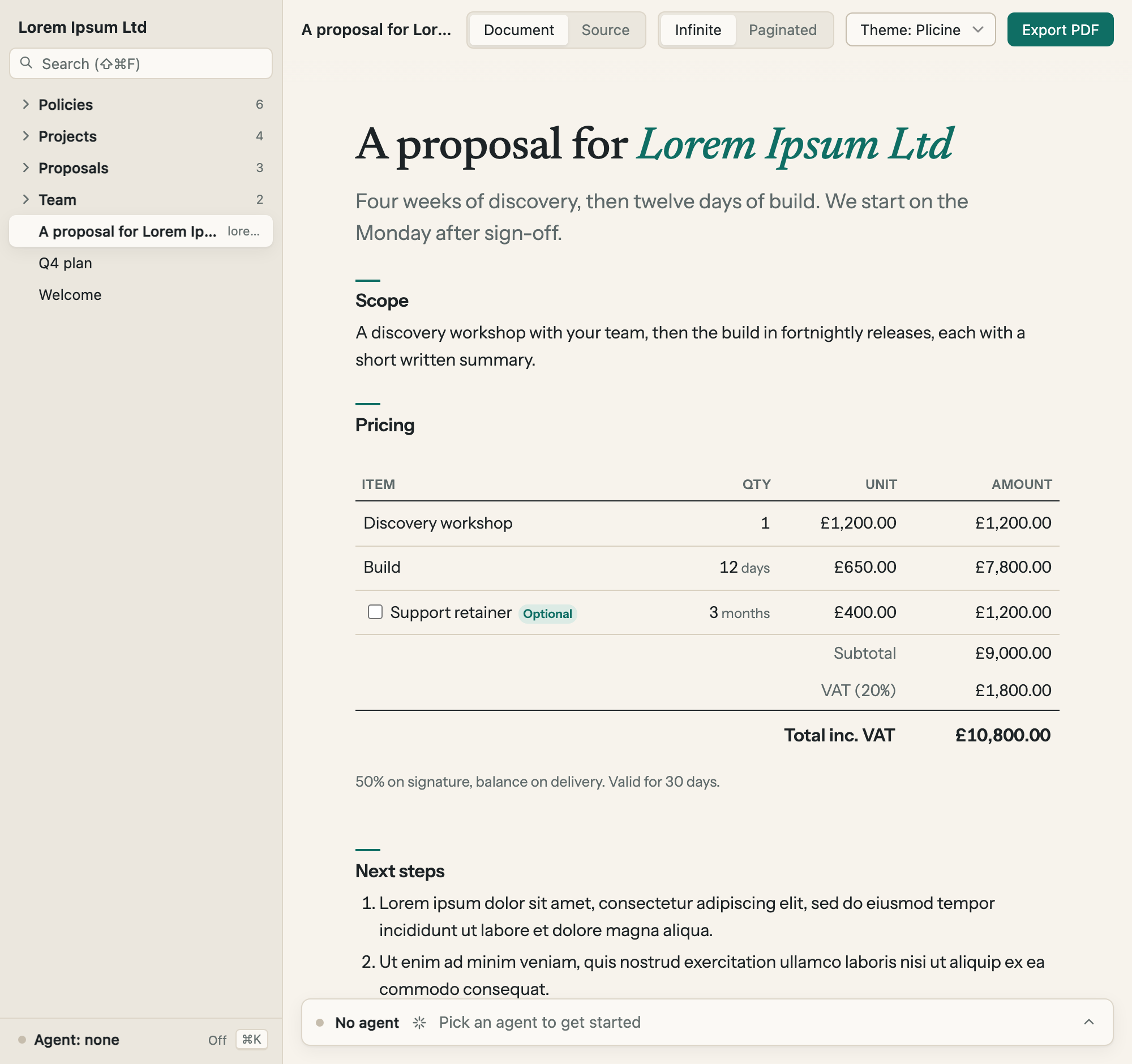 The Plicine app: a sidebar listing the folders of a company vault, and the proposal open beside it with its title, standfirst, scope and priced quote.