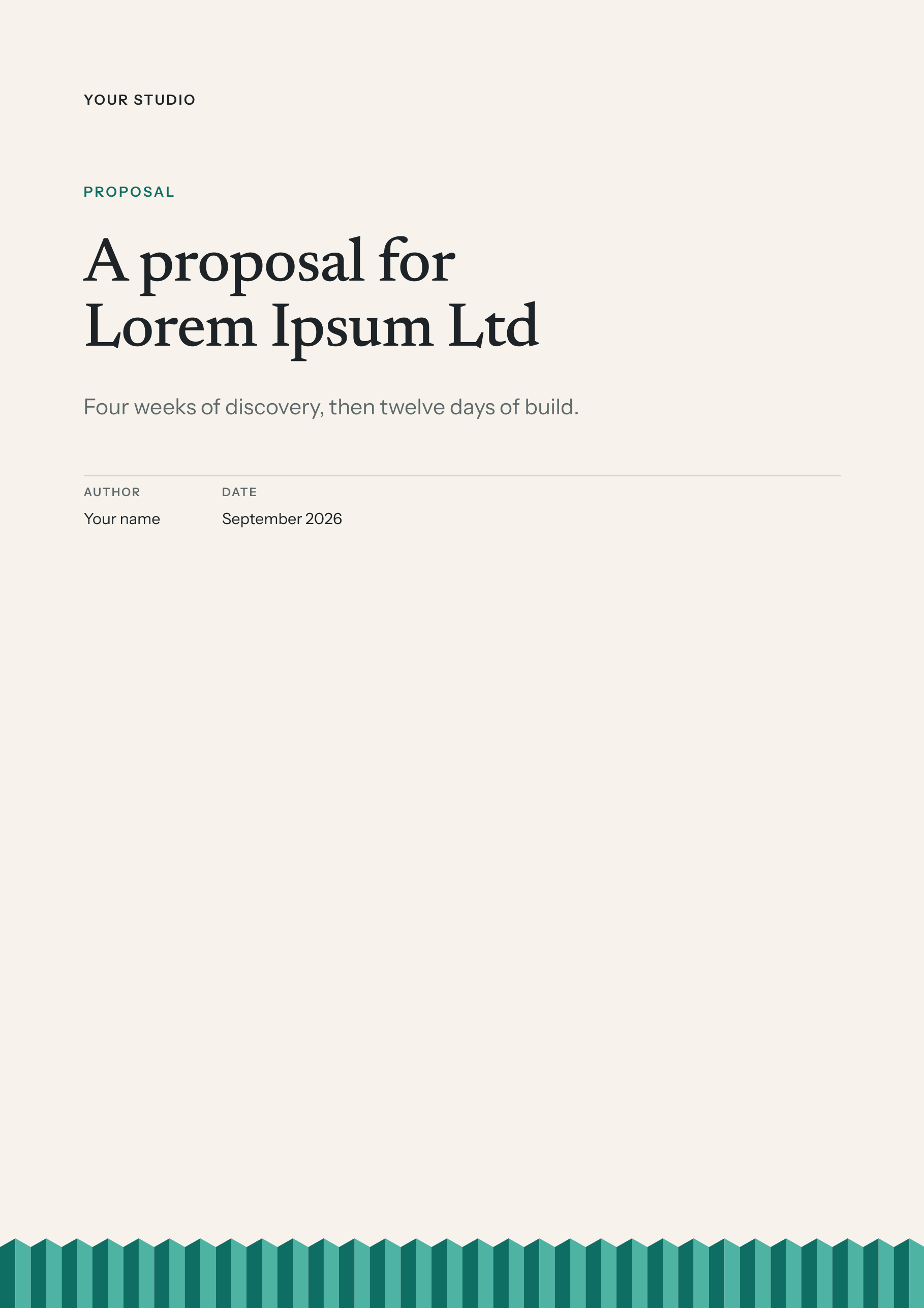 The cover of the exported PDF: a kicker reading Proposal, the title A proposal for Lorem Ipsum Ltd, the author and the date, and a band of pleats along the foot.